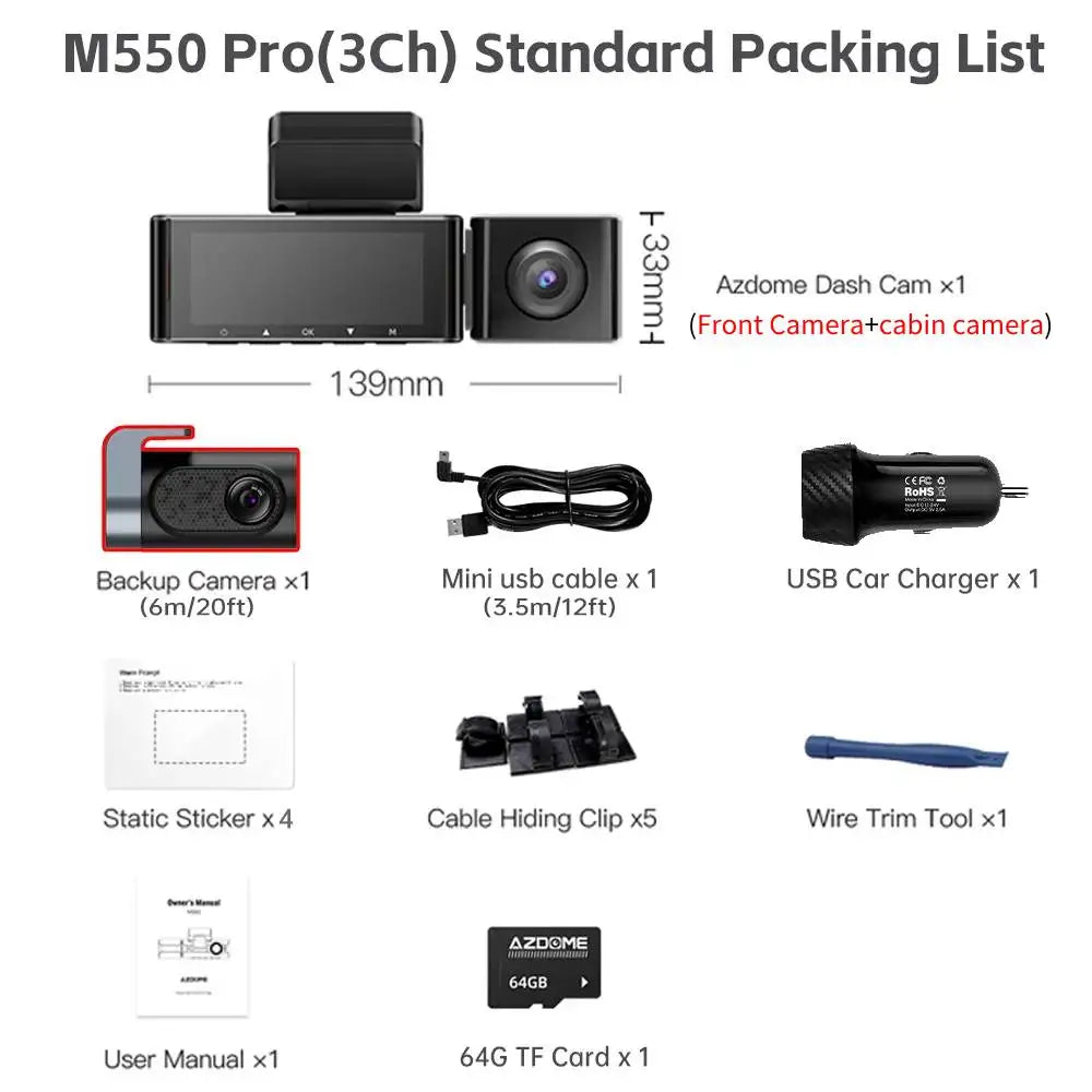 3 CH 4k Car dash cam package list
