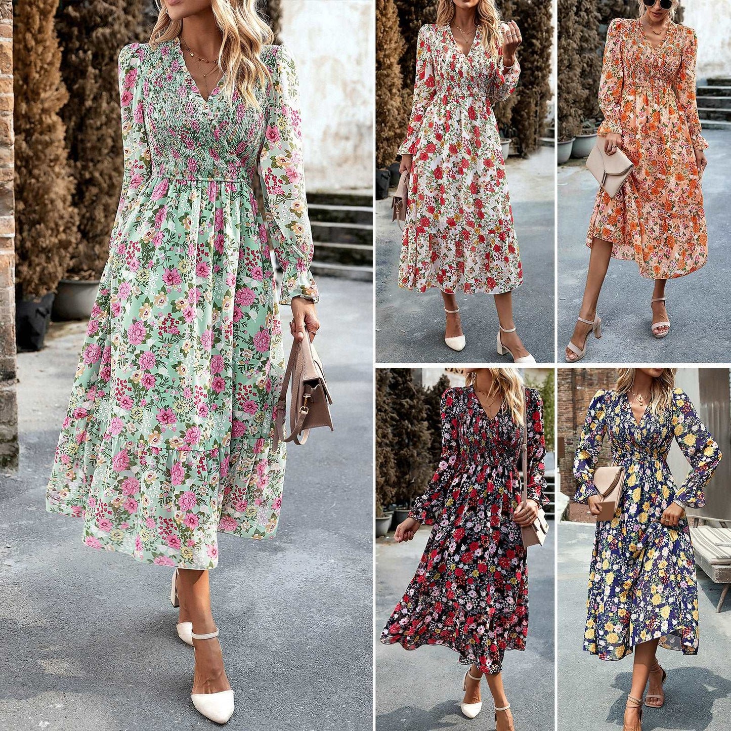 Women's V Neck Print Pearl Chiffon Dress