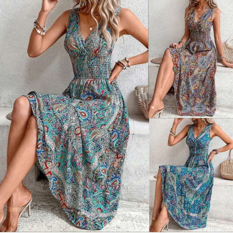 Women's Sleeveless Bohemian Dress with Mid Waist Elegance