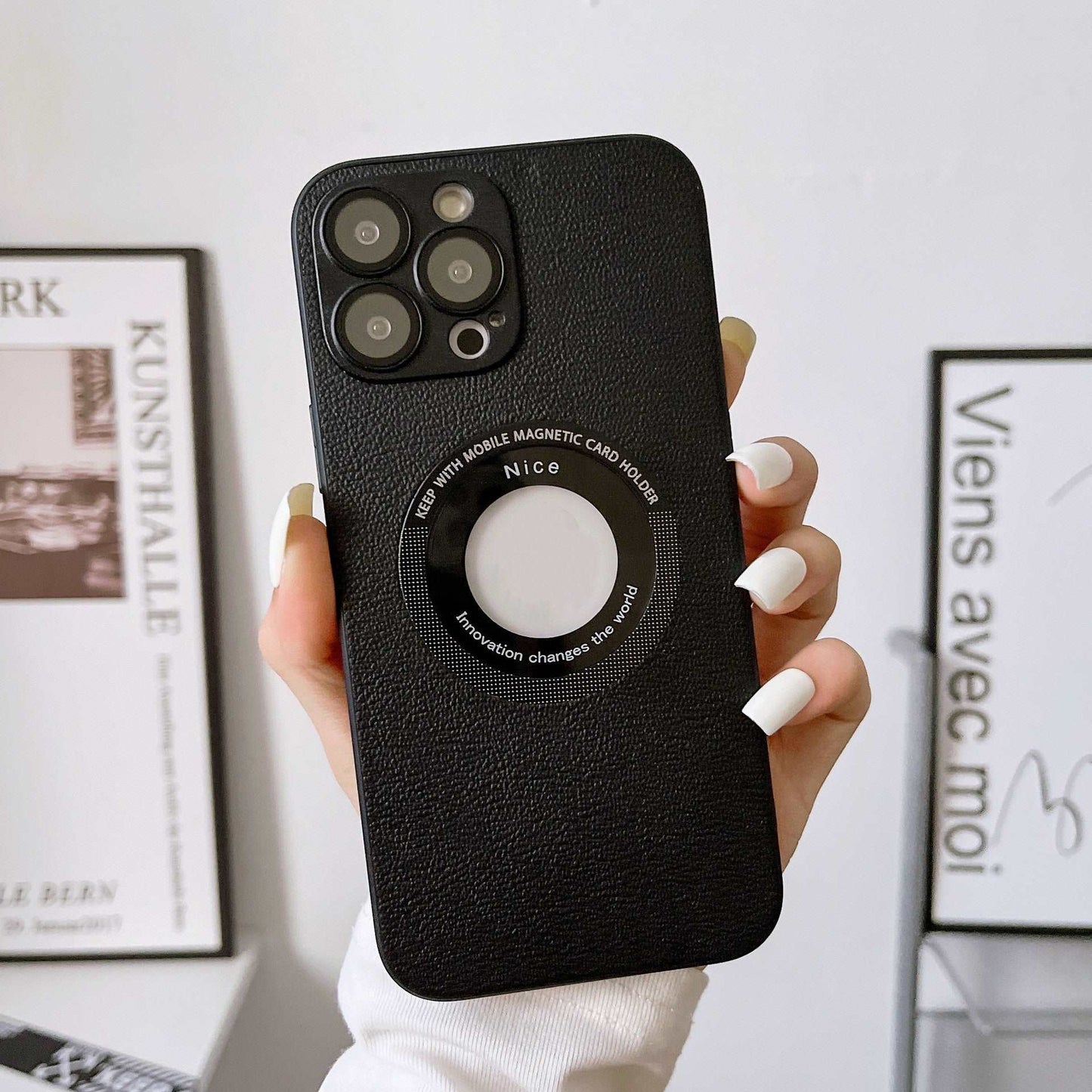Business Logo Hole PU Leather MagSafe Case, iPhone 11 12 13 14 15 Pro Max 15 Plus Lens Protector, Soft Shockproof Back Cover, Litchi Grain Leather Phone Case, Stunning Colors Black Green Navy Blue Orange Yellow Violet