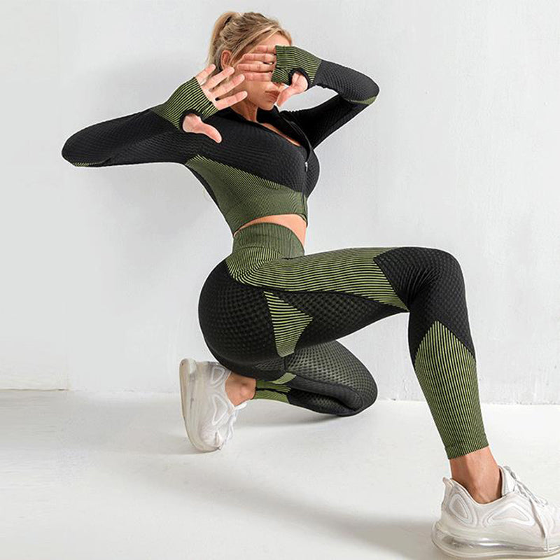Colorful Yoga Set in Army Green, Pink, and Blue Hues