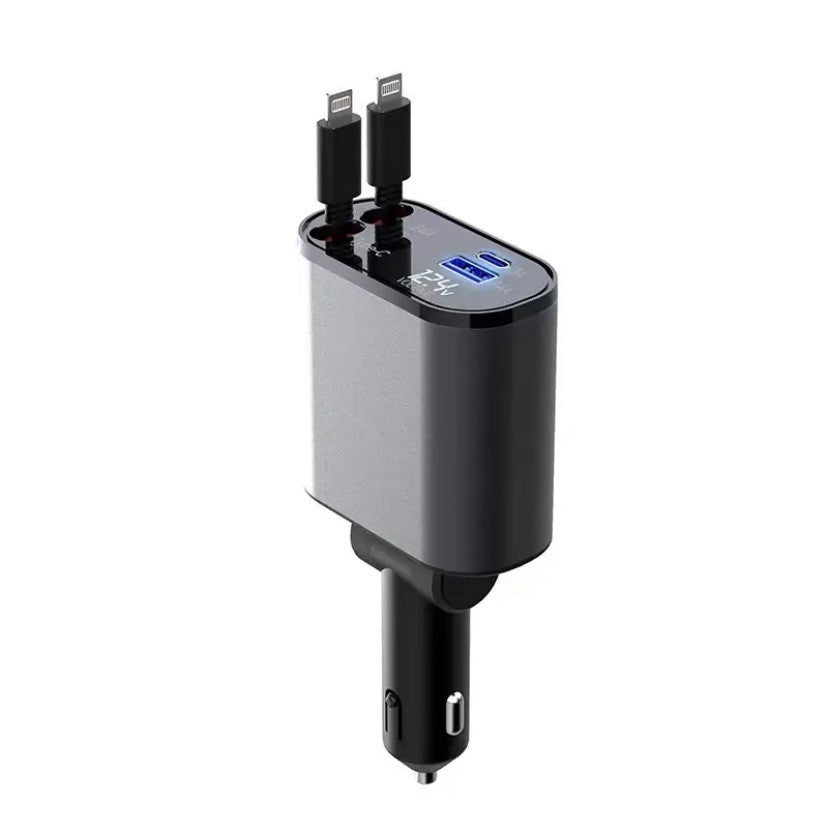 100w 4 IN 1 Retractable Car Charger USB Type C Cable For IPhone Huawei Samsung Fast Charge Cord Cigarette Lighter Adapter at www.acheckbox.com