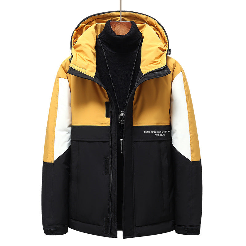 Men's Short Hooded Down Winter Jacket in yellow color
