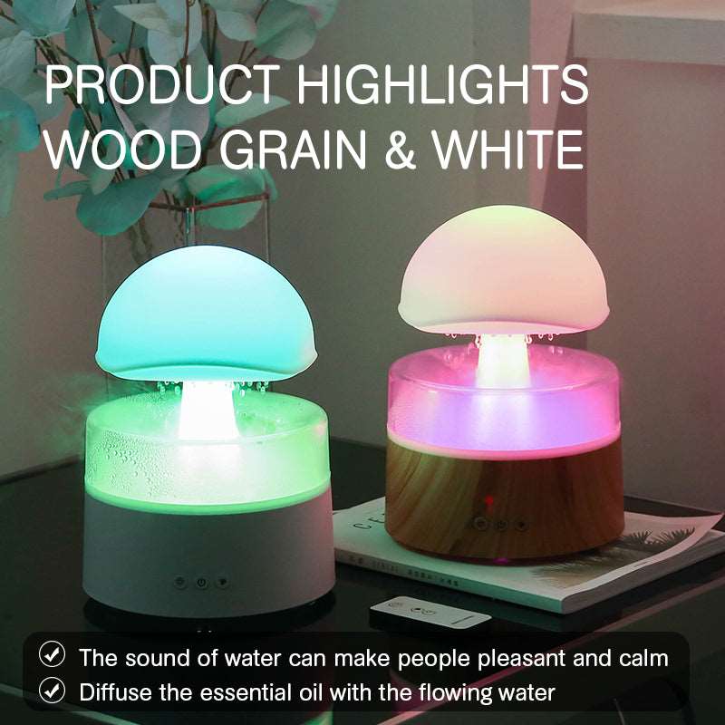 Mushroom Raindrop Air Humidifier Night Light Relaxation Sleeping Raining Diffuser USB Port Cloud Home Bedroom Chic Minimalist Aromatherapy Remote Control Easy Charging Compact Solution www.acheckbox.com