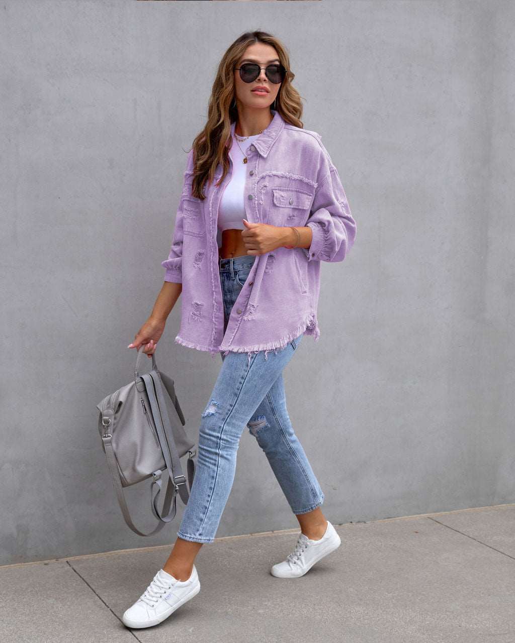 Polyester Material in Stylish Ripped Women's Jacket