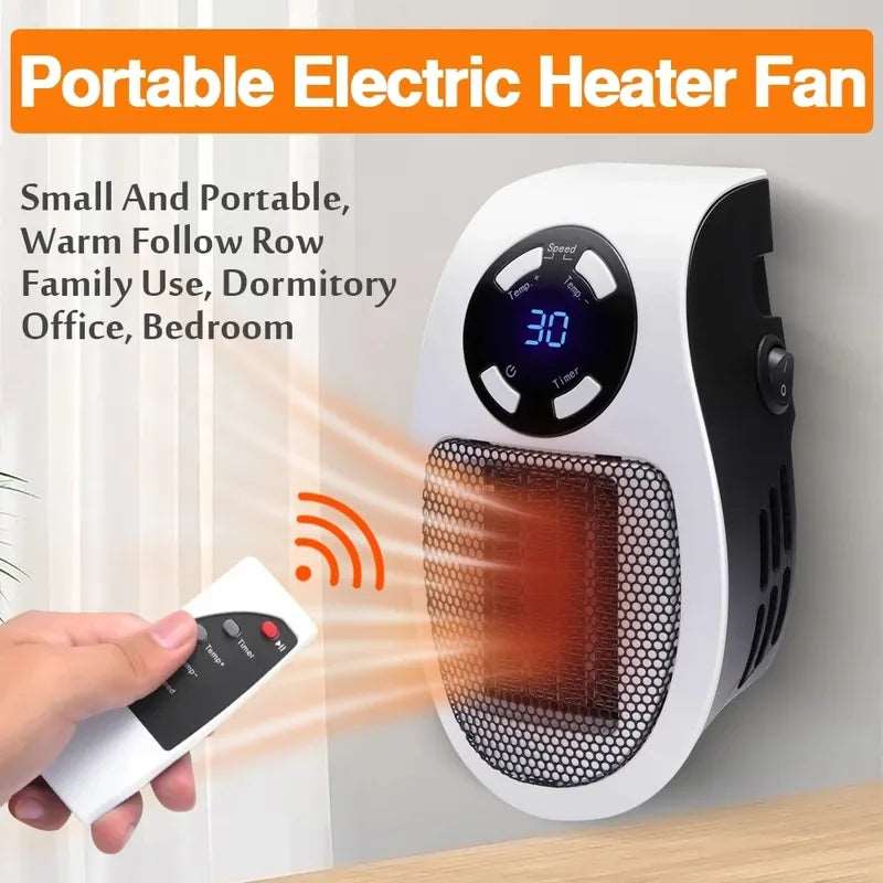 Portable electric plug-in wall heater, room heating mini household radiator, remote warmer machine for winter silent fan blade heater, LED temperature display efficient www.acheckbox.com
