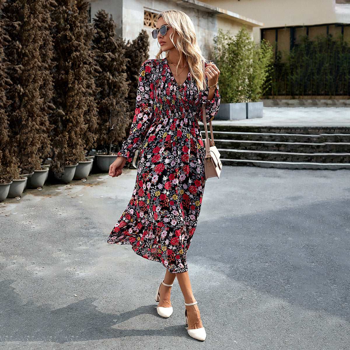 Stylish V Neck Pearl Chiffon Dress