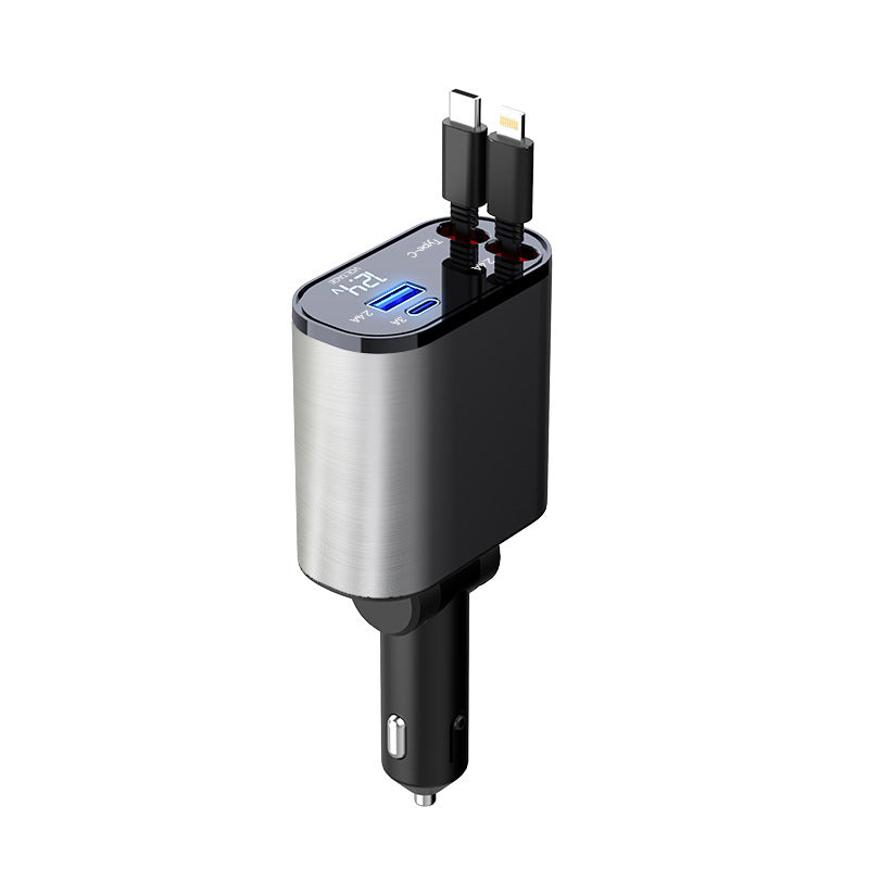 Universal Fast Charge Cord Adapter - 4 IN 1 Car Charger with Auto-Retract Feature and Adjustable Head