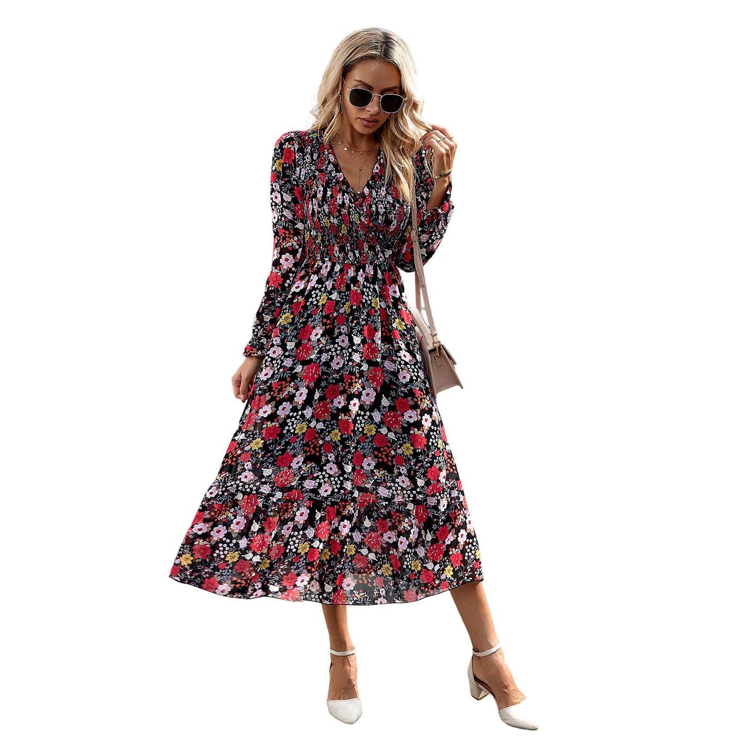 V Neck Print Pearl Chiffon Dress for Every Occasion