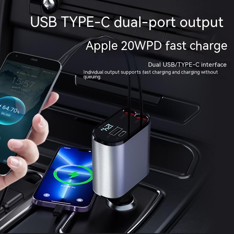 100W Retractable Car Charger, Super Fast Charging USB Type C Cable, Lightning Fast Universal Car Charger, 4 IN 1 Fast Charge Cord Adapter, Cigarette Lighter USB Charger