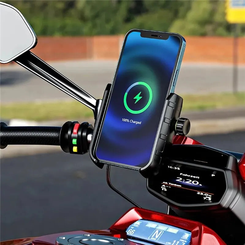 360° Rotation Motorcycle Phone Holder Wireless 15W Charging, USB C Output