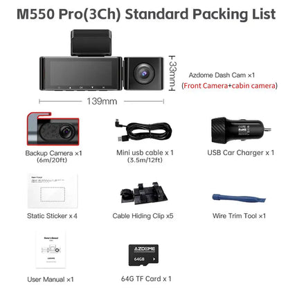 3 CH 4k Car dash cam package list 