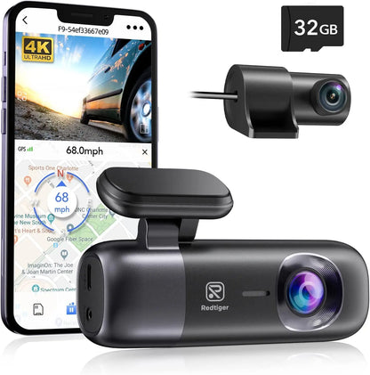 4K Front and Rear Dash Cam with WIFI GPS, Night Vision, Parking Mode, and App Control – Dual Car Camera