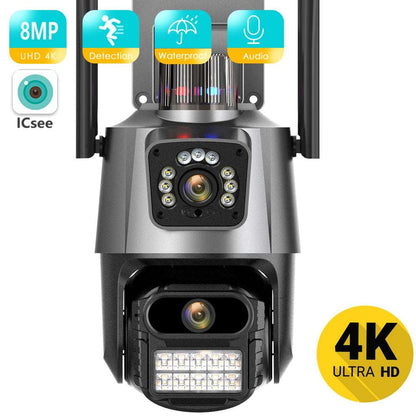 8MP 4K Wifi Camera Dual Lens Dual Screen PTZ Outdoor Waterproof Security Video Surveillance Camera Police Light Alarm IP Camera at acheckbox