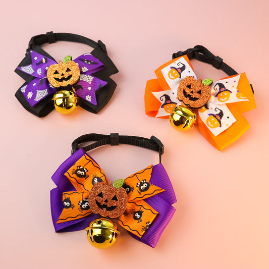 Pet Pumpkin Bow Tie with Big Bell for Halloween