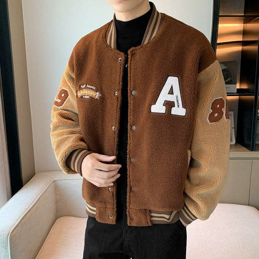 Casual Couples Jacket Street Retro Embroidery Baseball Cashmere Unif Men jacket at acheckbox