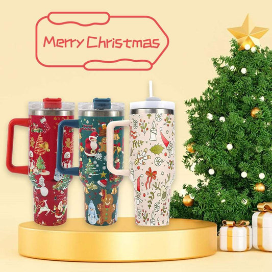 Christmas pattern stainless steel tumbler, insulated mug with leakproof lid, large capacity travel coffee cup, vacuum tumbler with handle and straw, festive stainless steel drinkware at www.acheckbox.com