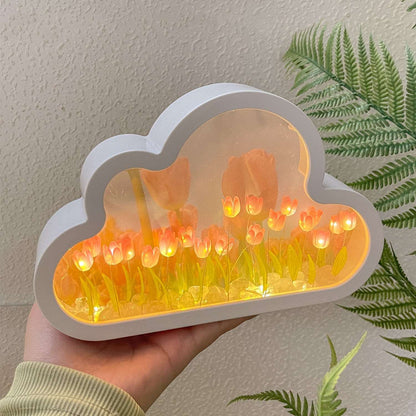 Cloud mirror tulip lamp, DIY night light, girl bedroom ornaments, creative photo frame mirror, table lamps decorative cloud tulip night light, night lamp mirror, www.acheckbox.com