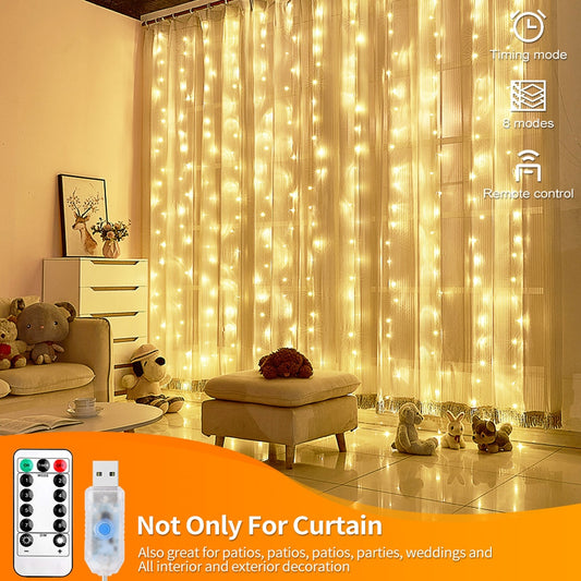 Curtain LED 3x3m 300 led string light USB fairy icicle copper wire remote control Christmas wedding garden window outside at acheckbox