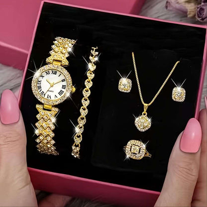 Full diamond luxury bracelet watch, Women's quartz watch set, Opulent jewelry ensemble, Dazzling crystal watch, Elegant color options gold, silver, rose gold, Slim profile bracelet watch