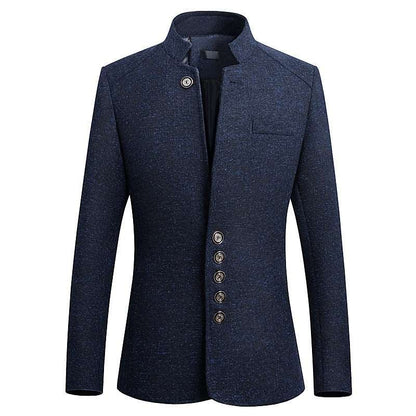 Korean Elegance Single-Button Slim Fit Suit with Stand Collar in Blue