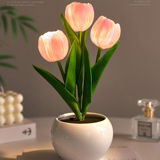LED Tulip Night Light Can Be Plugged In Or On The Battery Bedroom Room Dormitory Bedside Ambient Light White  Pink Sleep Light