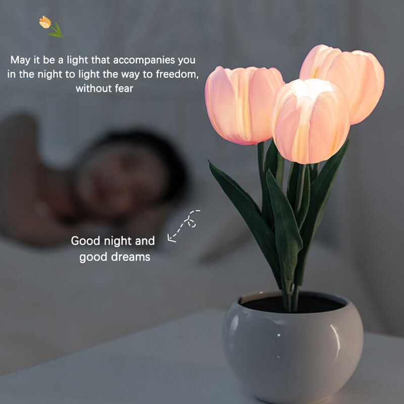 LED tulip night light, plugged-in or battery-powered lamp, bedroom dormitory ambient light, white and pink sleep light, decorative tulip table lamp, modern appeal LED flower bonsai, commercial residential www.acheckbox.com