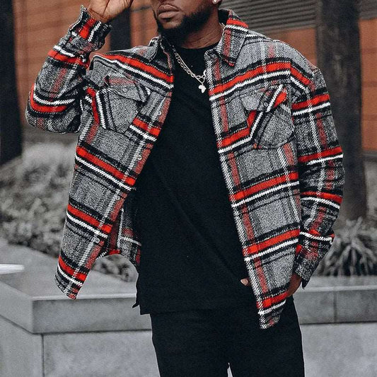 Men's Casual Plaid Jacket with Trendy Stripes