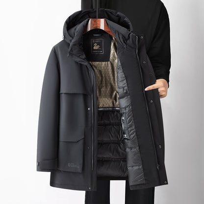 Men's winter jacket, thick warm hooded windbreaker waterproof down fill black, premium polyester fiber clothing luxurious white goose feather filling, fleeced clothing for cold weather www.acheckbox.com