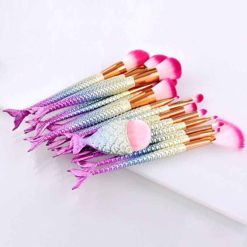 Mermaid Makeup Set, 15 Brushes, Electroplated Plastic Handles, High-quality Aluminum Tubes, Imported Nylon Wool, Flawless Foundation Application, Precise Eyeshadow Blending, Travel-Friendly