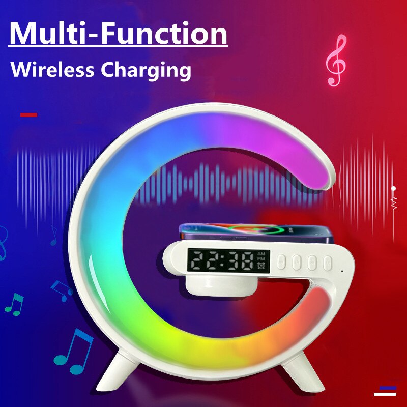 Mini Multifunction G Shaped Wireless Charger Pad Stand Speaker TF RGB Night Light Fast Charging Station for iPhone samsung at acheckbox. A perfect gift for thanksgiving halloween black friday christmas holiday