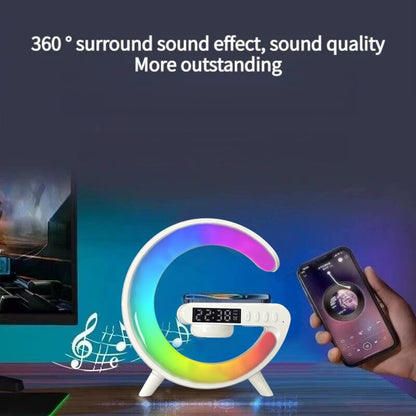 Mini Multifunction G Shaped Wireless Charger Pad Stand Speaker TF RGB Night Light Fast Charging Station for iPhone samsung at www.acheckbox.com A perfect gift for thanksgiving halloween black friday christmas holiday