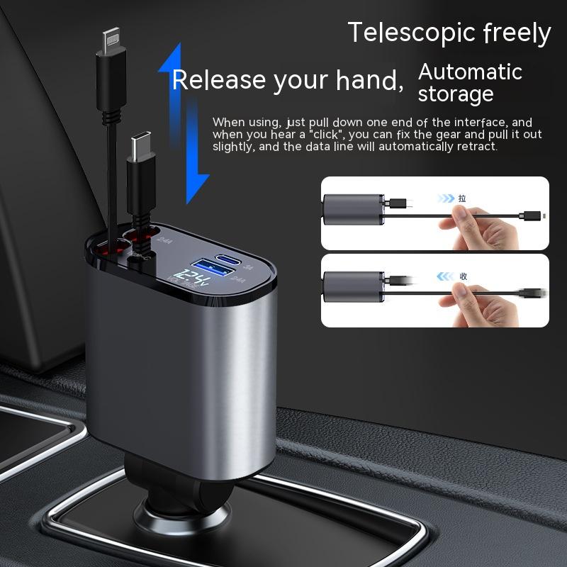 Retractable Charger for Car, Durable ABS PC Car Charger, Fast Charge Cord for Mobile Devices, Car Charger with Automatic Storage, High-Speed Charging Cigarette Lighter Adapter.