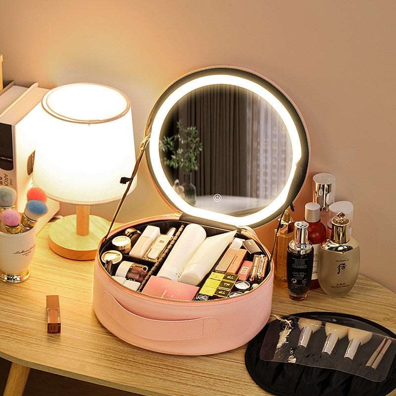 Round Smart LED Makeup Bag With Mirror Lights Women Beauty Bag Large Capacity PU Leather Travel Organizers Cosmetic Case at acheckbox. Perfect gift for christmas halloween thanksgiving black friday holidays