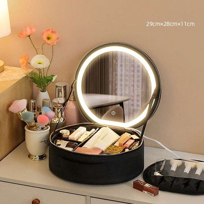 Round Smart LED Makeup Bag With Mirror Lights Women Beauty Bag Large Capacity PU Leather Travel Organizers Cosmetic Case at www.acheckbox.com Perfect gift for christmas halloween thanksgiving black friday holidays