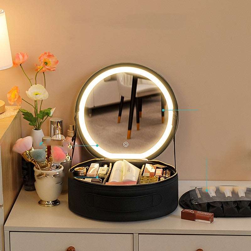 LED Lit Circular Cosmetic Bag, Mirror USB Charging Makeup, Smart Women Beauty Large Capacity PU Leather, Travel Organizers Case