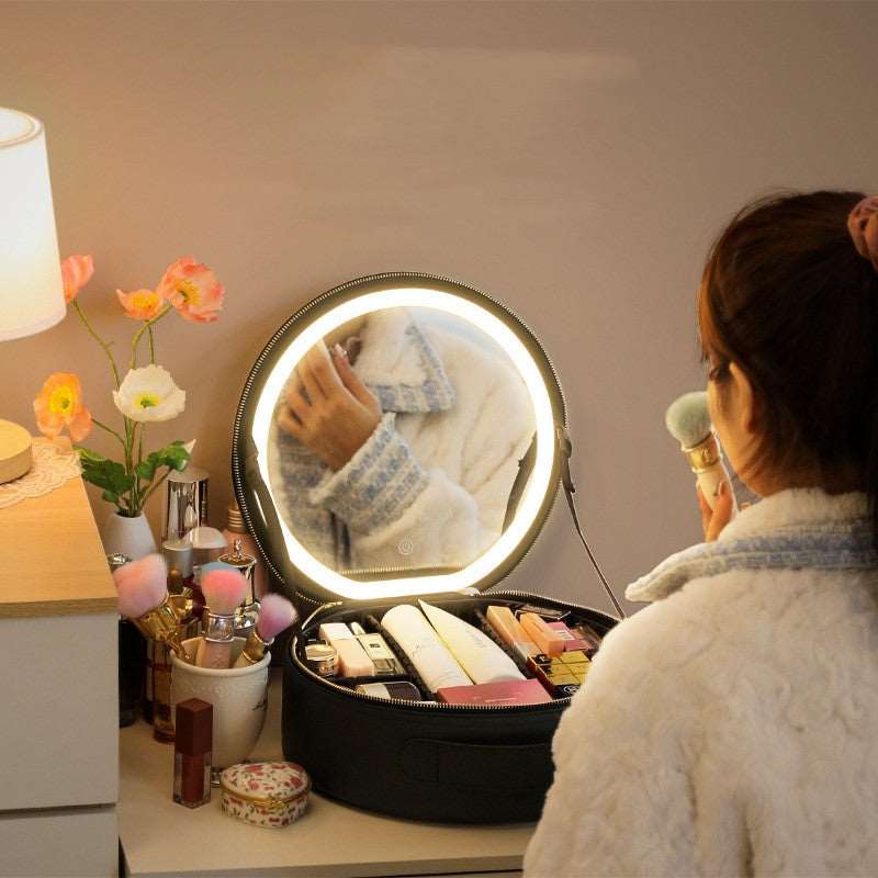 Round Smart LED Makeup Bag With Mirror Lights Women Beauty Black Bag Large Capacity PU Leather Travel Organizers Cosmetic Case with light at acheckbox Perfect gift for christmas halloween thanksgiving black friday holidays