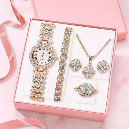 Statement diamond watch, Timeless elegance in jewelry, Complete fashion accessory suite, Stylish watch with matching jewelry at www.acheckbox.com