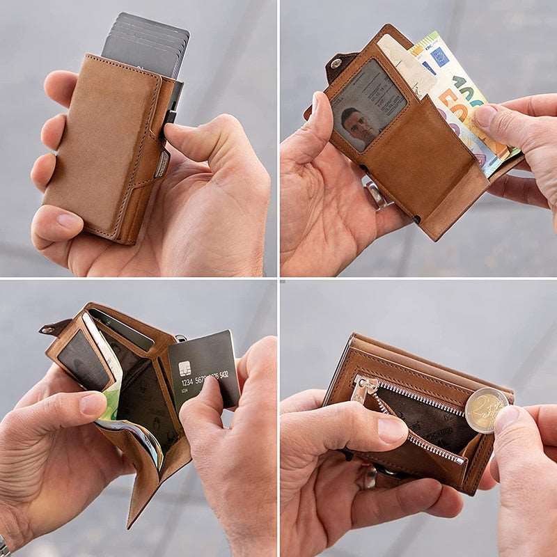 Unisex RFID Card Holder Trendy Pop-Up Wallet with Genuine Leather and Organized Design