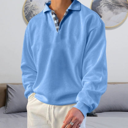 V-neck Lapel Loose Sweatshirt for Men in light blue color