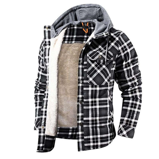 Warm Plaid Elegance Men's Snap Button Hooded Jacket for Winter Style