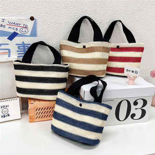 Women Woven Top Handle Tote Bag Color Block Striped Straw Bag with Magnetic Snap Handbags for Outdoor Travel Daily Life at www.acheckbox.com